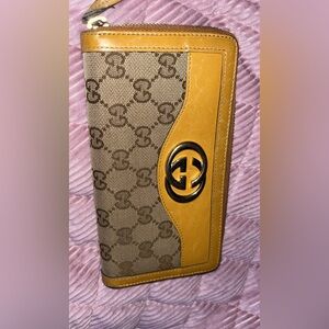 Gucci Tan and Gold Monogram Wallet